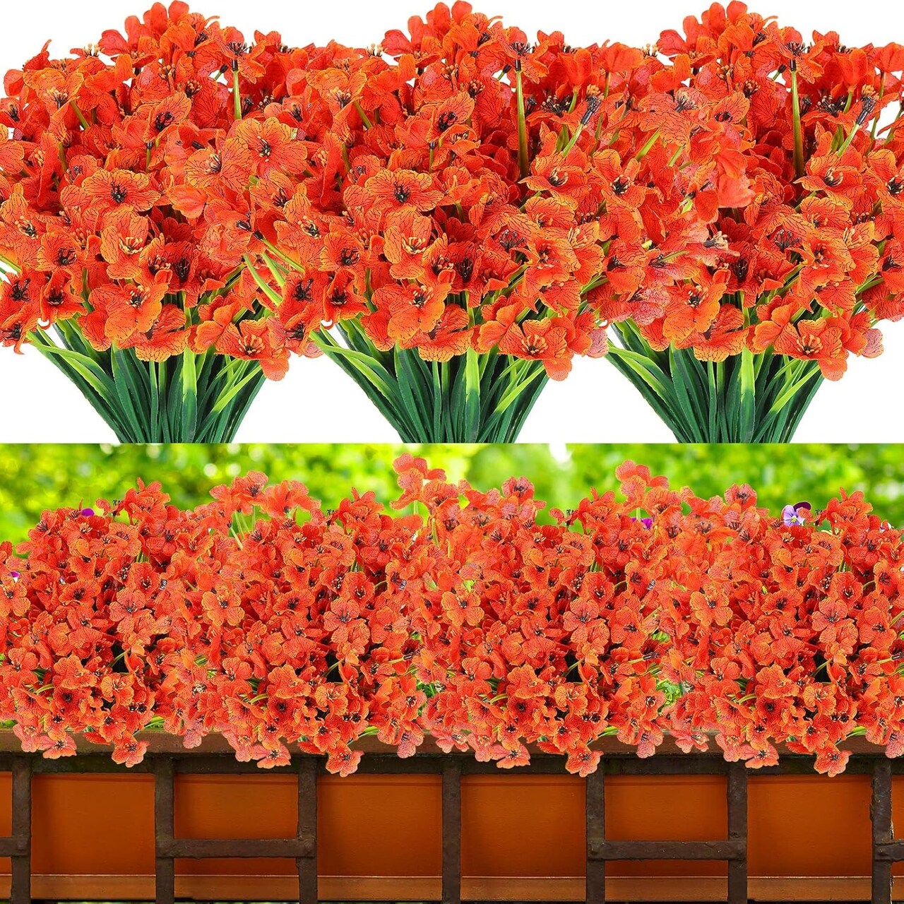 24 Bundles Orange UV-Resistant Artificial Flowers – Silk Faux Plants Bulk Set for Outdoor Porch, Window Box, Planter & Home Spring Summer Decor